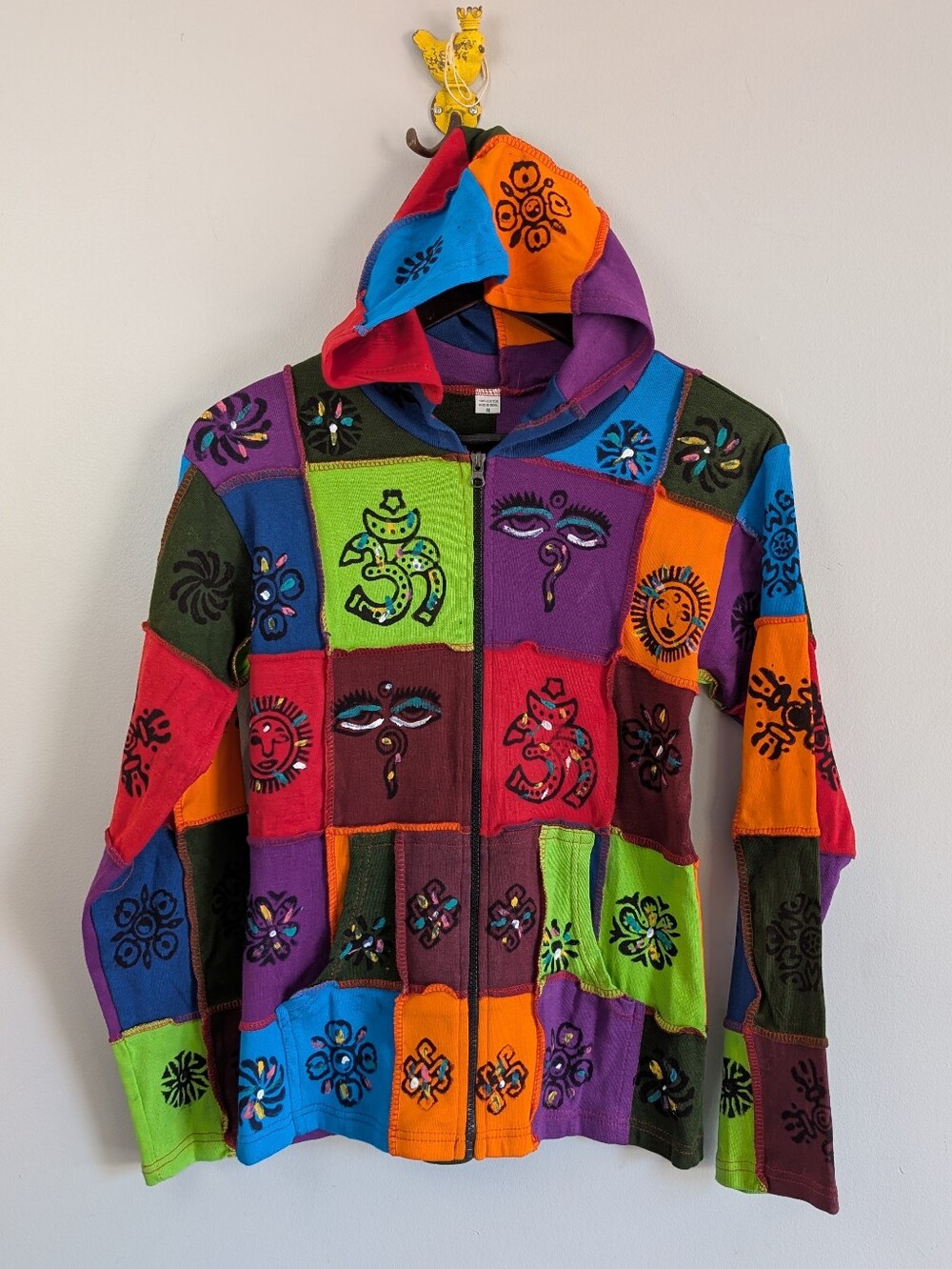 Vintage Nepal Patchwork Cotton Hooded Cardigan, Painted Design, 100% Cotton, M